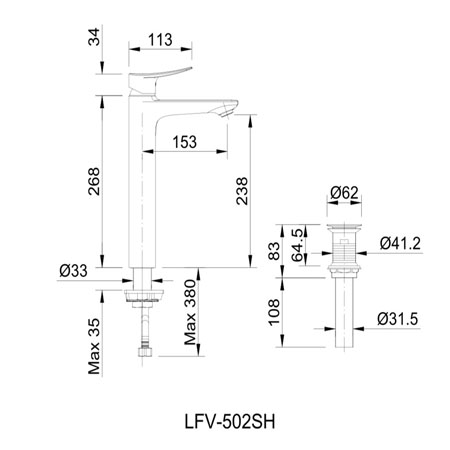 Bản vẽ kĩ thuật Vòi chậu rửa Lavabo nóng lạnh Inax LFV-502SH