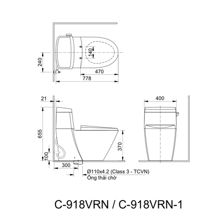 Bản vẽ kỹ thuật  bồn cầu một khối inax AC-918VRN-1