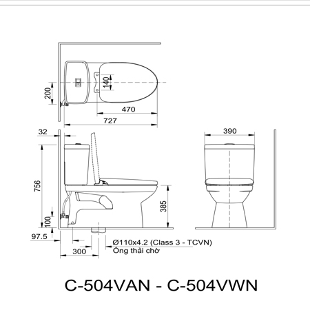 Bản vẽ kĩ thuật Bồn cầu nắp rửa cơ Inax AC-504A+CW-S15VN