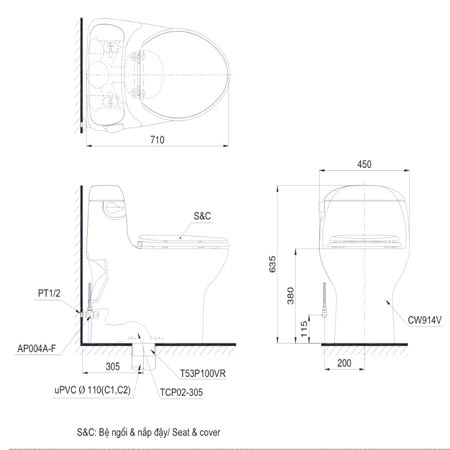 thông số kỹ thuật Bàn cầu TOTO MS914E4 nắp rửa cơ TCW1211A một khối