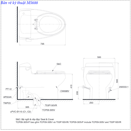 thông số kỹ thuật Bàn cầu TOTO MS688E2 nắp rửa cơ TCW07S một khối