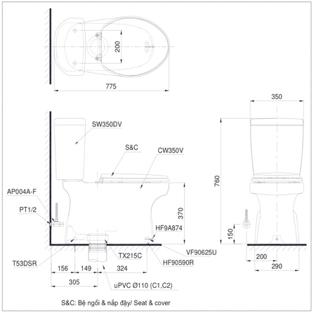 Thông số kĩ thuật Bàn cầu TOTO CS351DE2 nắp rửa cơ TCW07S hai khối