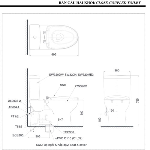 Thông số kỹ thuật Bàn cầu TOTO CS320DMT3 thoát ngang hai khối