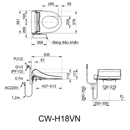 Thông số kĩ thuật nắp rửa điện tử Inax CW-H18VN