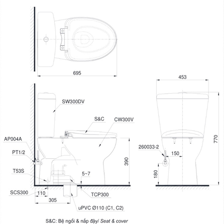 thông số kỹ thuật Bàn cầu TOTO CS300DRW6 nắp điện tử TCF6531Z hai khối