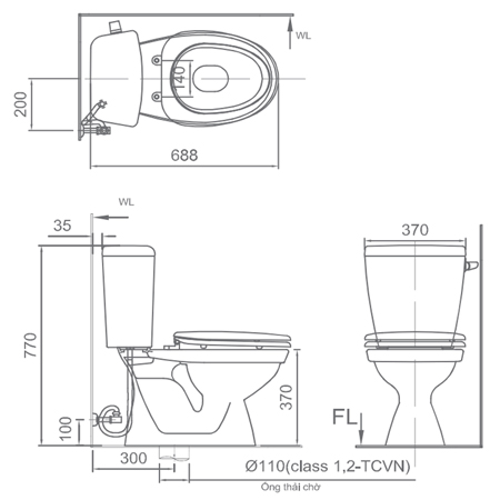 Bản vẽ kỹ thuật bồn cầu 2 khối inax C-117VA