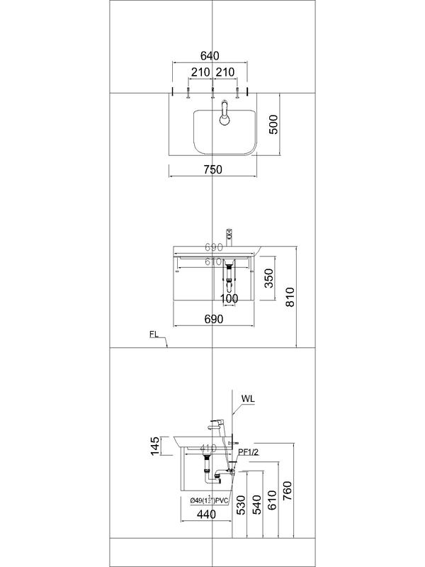 Bản vẽ Bộ tủ chậu Caesar LF5374 +EH063RV