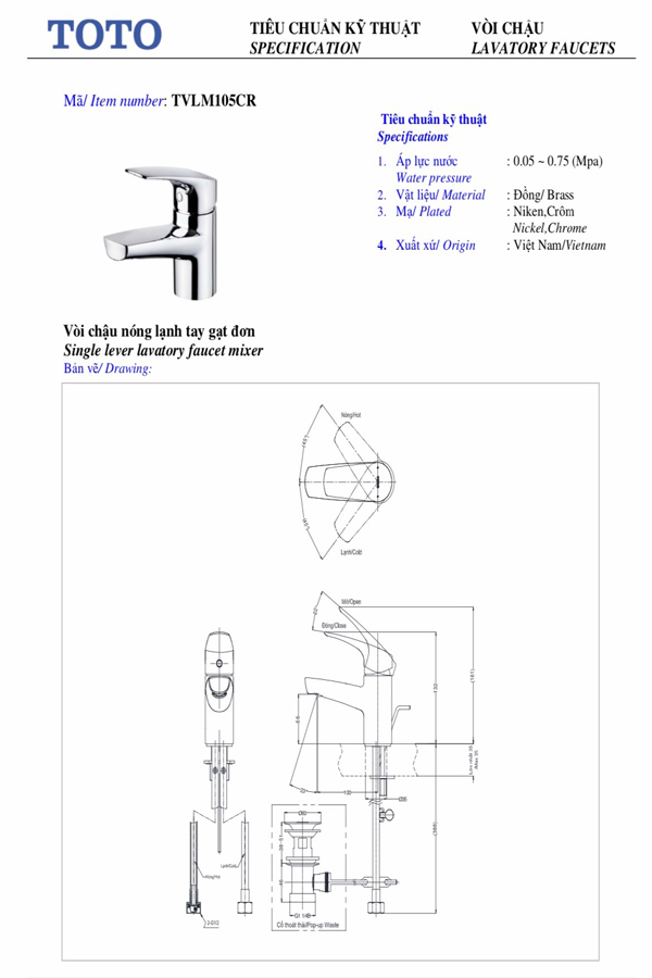 Tiêu chuẩn kĩ thuật Vòi chậu lavabo TOTO TVLM105CR