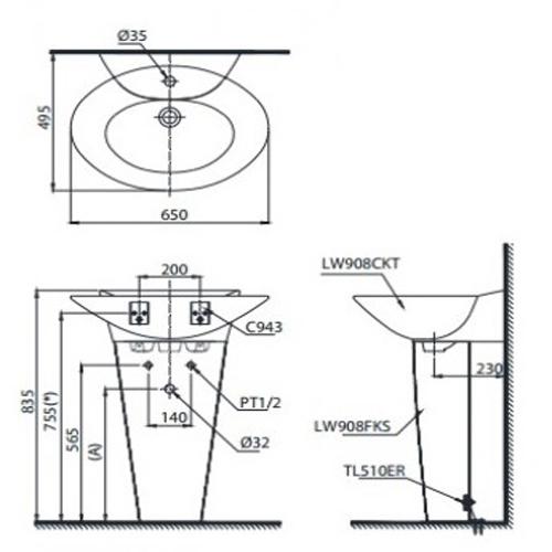 Thông số kỹ thuật Chậu TOTO LPT908C chân dài