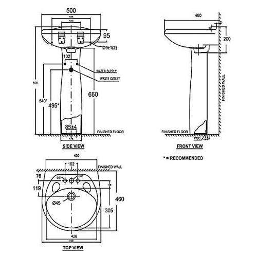 Thông số kỹ thuật Chậu rửa mặt lavabo American VF-0969/VF-0901 chân dài