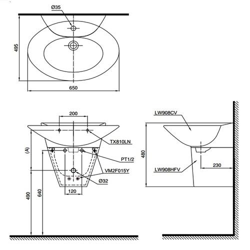 Thông số kỹ thuật Chậu treo tường TOTO LHT908C chân lửng