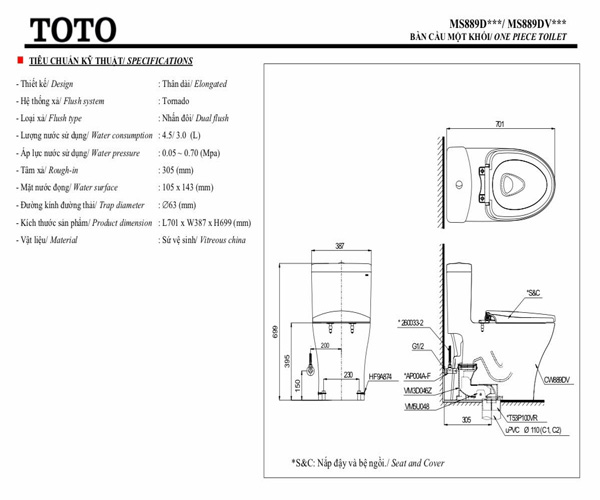 Thông số kĩ thuật Bồn cầu một khối TOTO MS889DW4