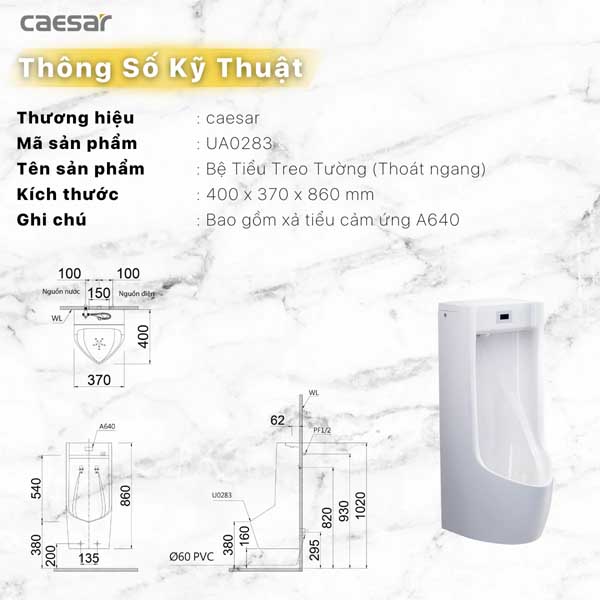 Bộ Tiểu Nam Cảm Ứng Tự Động Treo Tường  Caesar UA0283