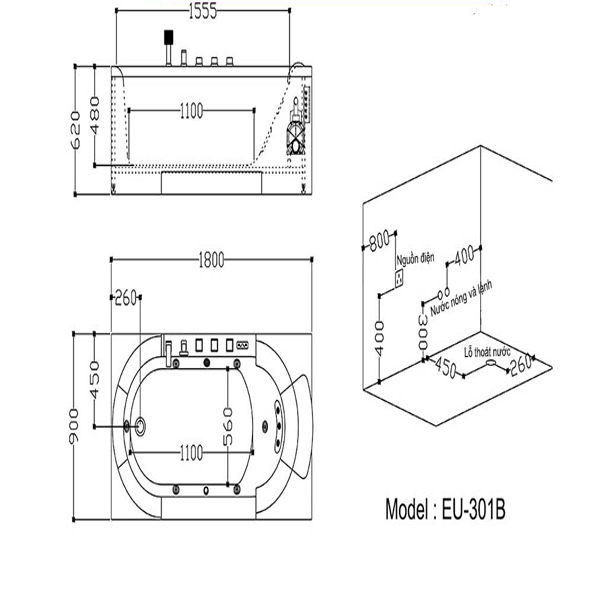 Bản vẽ kỹ thuật Bồn tắm massage Euroking EU-301B