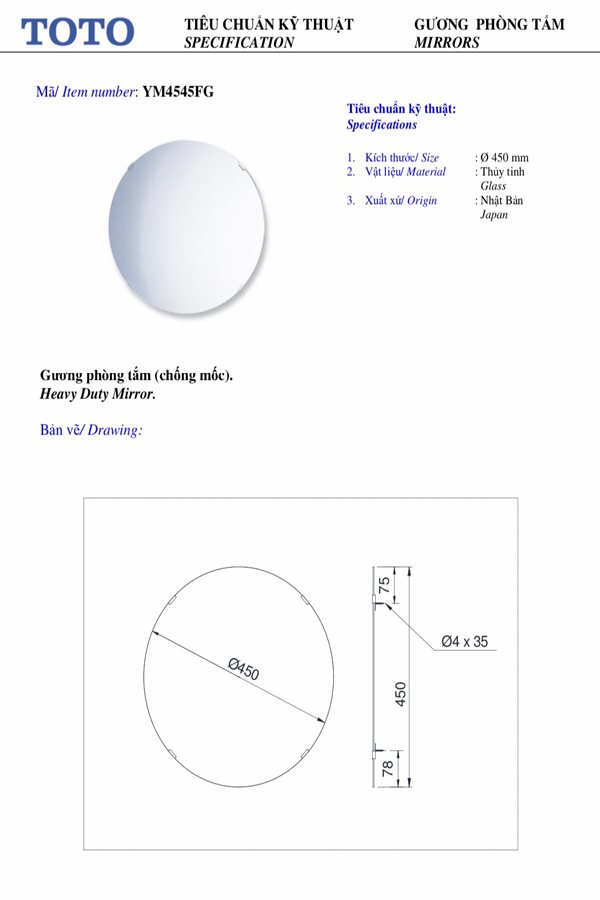 Thông số kĩ thuật Gương phòng tắm TOTO YM4545FG