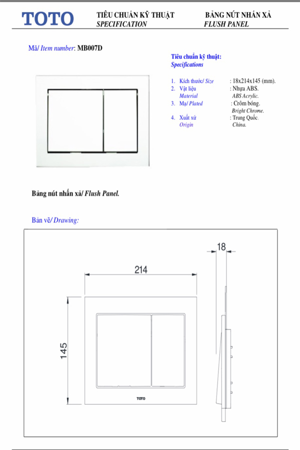 Thông số kĩ thuật Nút nhấn bồn cầu âm tường TOTO MB007D