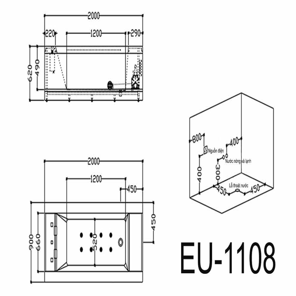 Bản vẽ kỹ thuật Bồn tắm massage Euroking EU-1108A