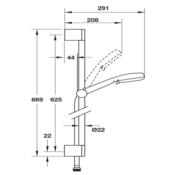 Bản vẽ Bộ thanh treo sen Hafele Hansgrohe Crometta 100 Vario