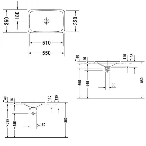 Bản vẽ Chậu Lavabo đặt bàn P3 Comforts Duravit 588.45.230