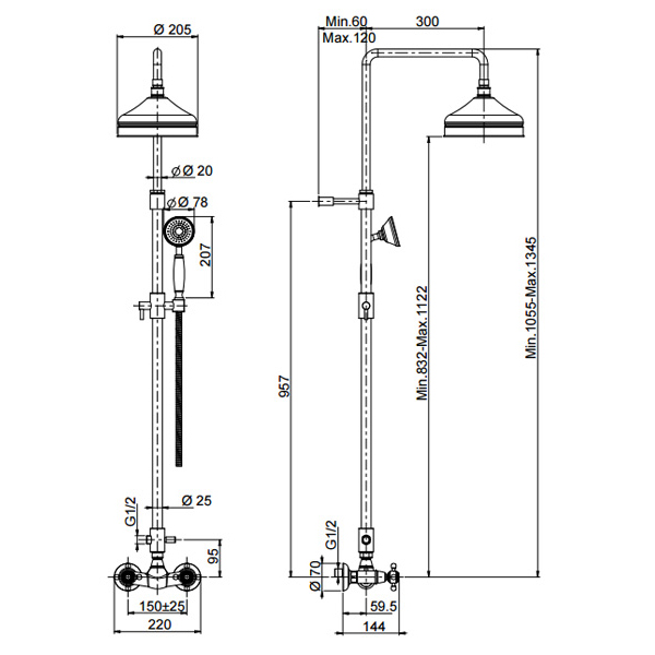 Bản vẽ Cây sen tắm đứng Hafele Victoria 589.02.270
