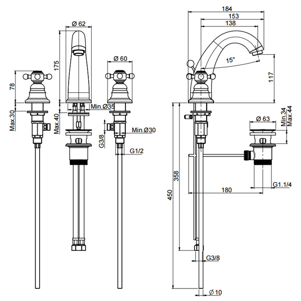 Bản vẽ Vòi Lavabo 3 lỗ Hafele Victoria 589.02.271