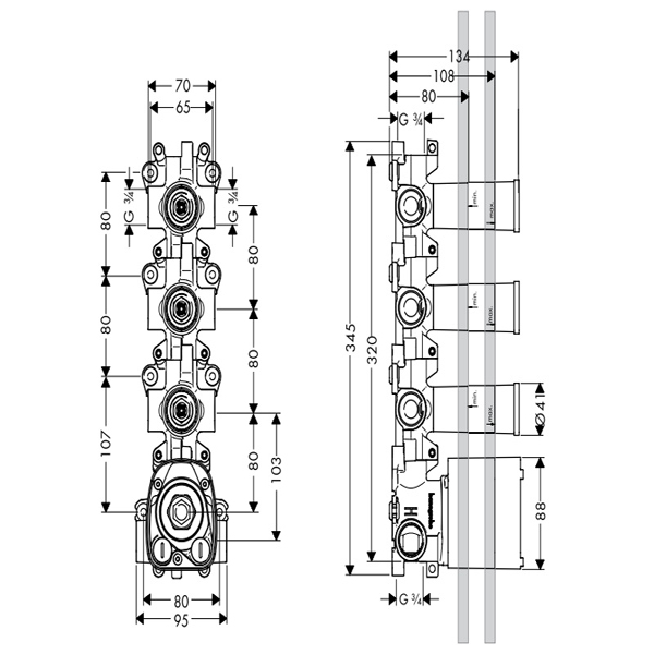 Bản vẽ Bộ âm bộ trộn điều nhiệt Hafele Hansgrohe 589.29.693