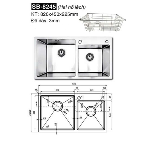 chậu rửa bát Sobisung SB-8245 ( 2 hố lệch)