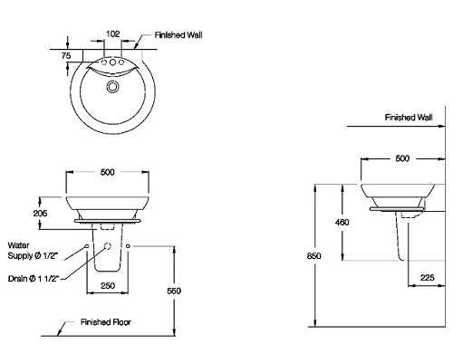 Bản vẽ Chậu Lavabo treo tường COTTO C0285/C4201