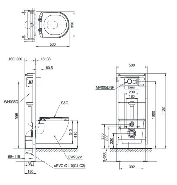 Bản vẽ kĩ thuật bồn cầu treo tường ToTo CW762 WH035D MB005DCP