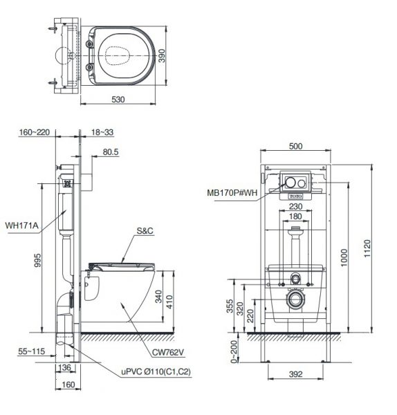 Bản vẽ kĩ thuật bồn cầu treo tường ToTo CW762/MB170P/WH171A