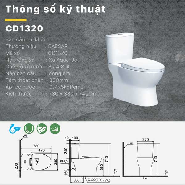 Bàn Cầu Hai Khối Nắp Êm Caesar CD1320