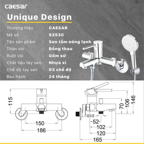 Vòi Sen Tắm Nóng Lạnh Caesar S353C 5 Vòi Sen Tắm Nóng Lạnh Caesar S353C