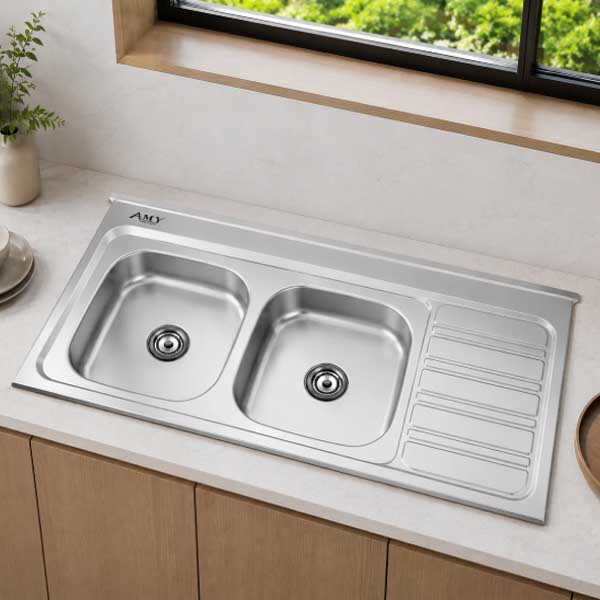 Chậu rửa 2 hố cân, có bàn, có gờ trên AMY - AM 1200 LD 2 Chậu rửa 2 hố cân, có bàn, có gờ trên AMY - AM 1200 LD