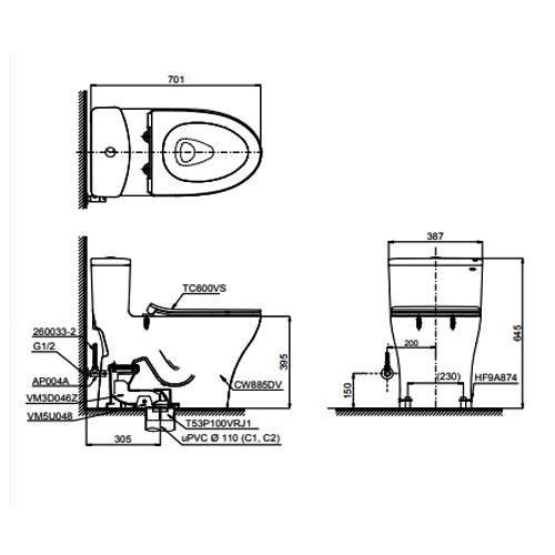 Thông số kỹ thuật Bàn cầu TOTO MS885DT8 một khối