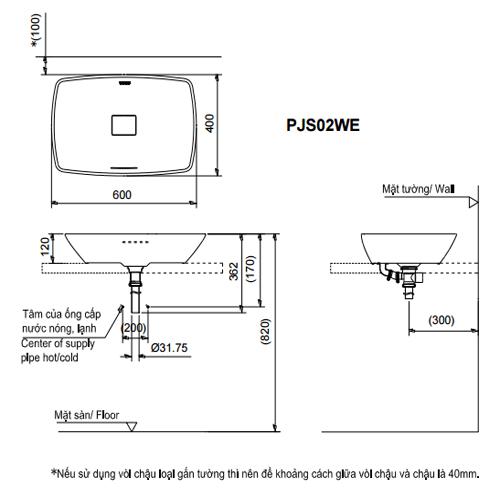 Thông số kỹ thuật Chậu lavabo TOTO PJS02WE đặt bàn