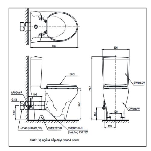 thông số kỹ thuật Bồn Cầu TOTO CS945PDT8 Hai Khối Thoát Ngang