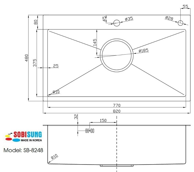 Bản vẽ chậu rửa bát đúc 1 hố Hàn Quốc Sobisung SB-8248