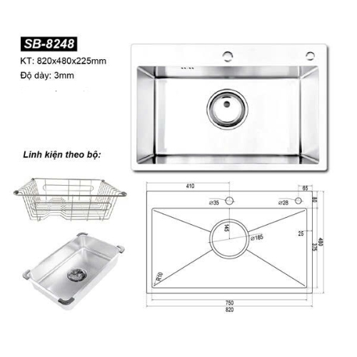 chậu rửa bát đúc 1 hố Hàn Quốc Sobisung SB-8248