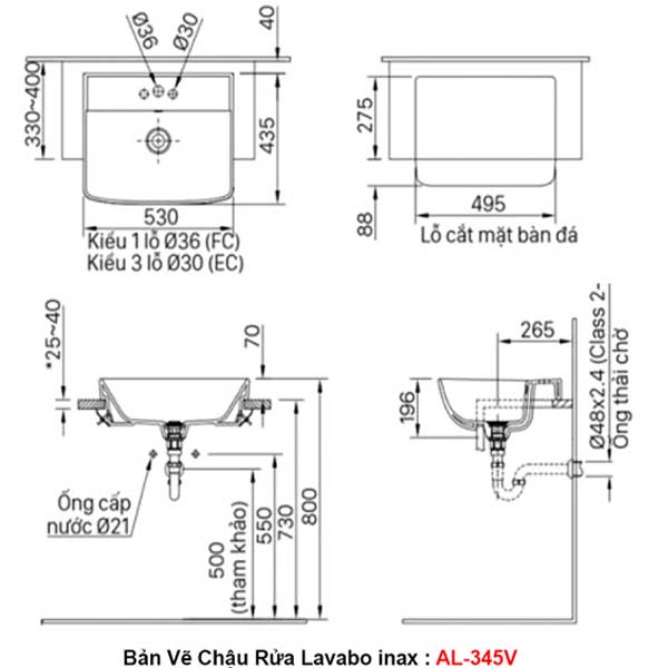 Chậu rửa bán âm bàn Inax AL-345V 2 Chậu rửa bán âm bàn Inax AL-345V 2