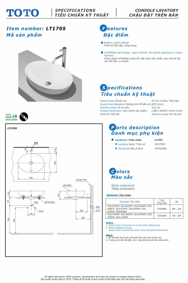 Chậu rửa mặt TOTO đặt bàn LT1705-1