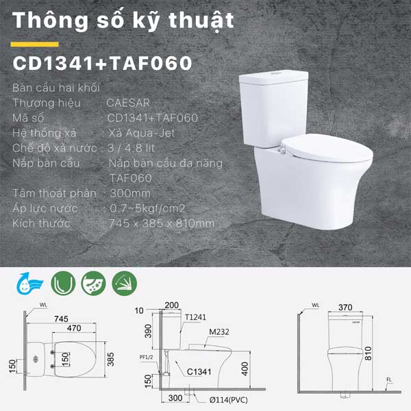 Bồn cầu kết hợp nắp điện cơ đa năng Caesar CD1341+TAF060