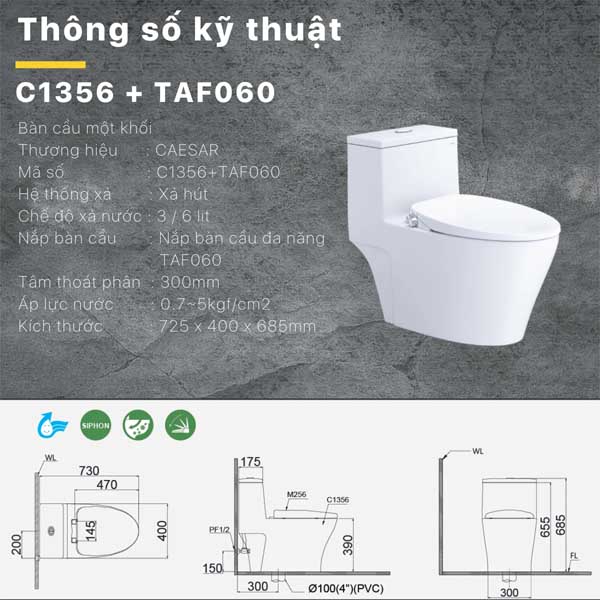 Bồn cầu kết hợp nắp cơ đa năng Caesar C1356F+TAF060
