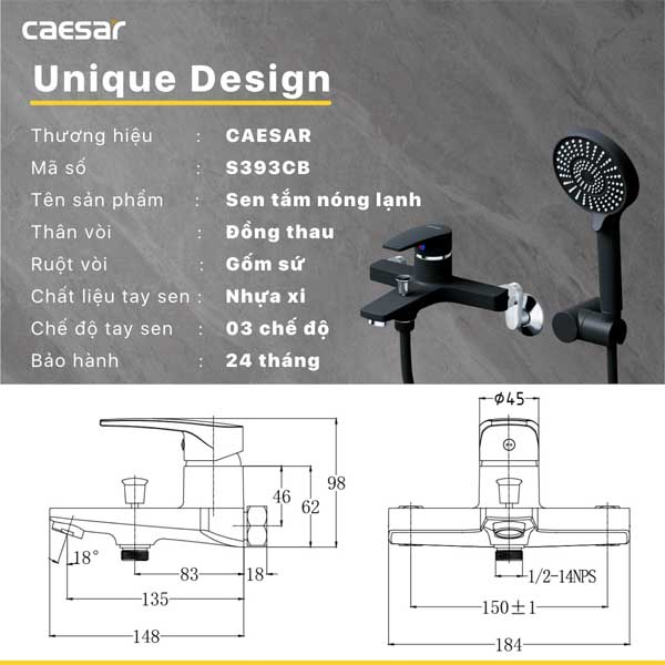 Sen Tắm Nóng Lạnh Caesar S393CB Màu Đen 6 Sen Tắm Nóng Lạnh Caesar S393CB Màu Đen