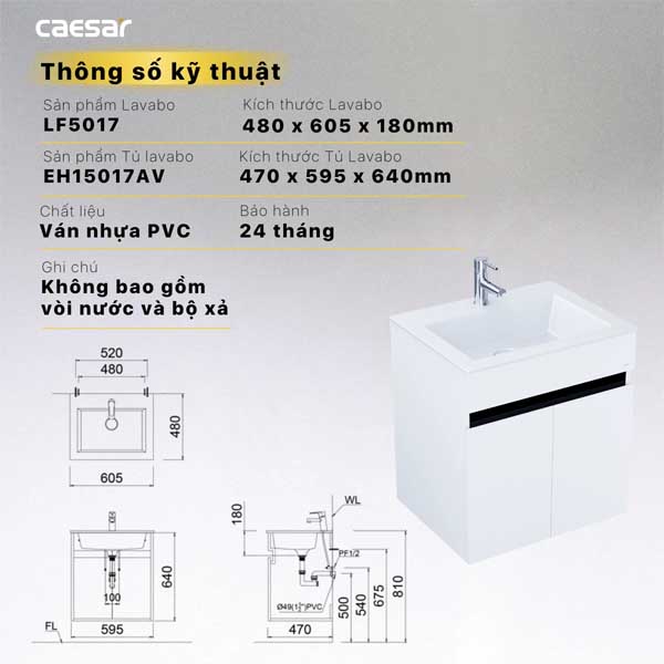 Bộ Tủ Chậu Lavabo Caesar Treo Tường LF5017 + EH15017AV 6 Bộ Tủ Chậu Lavabo Caesar Treo Tường LF5017 + EH15017AV