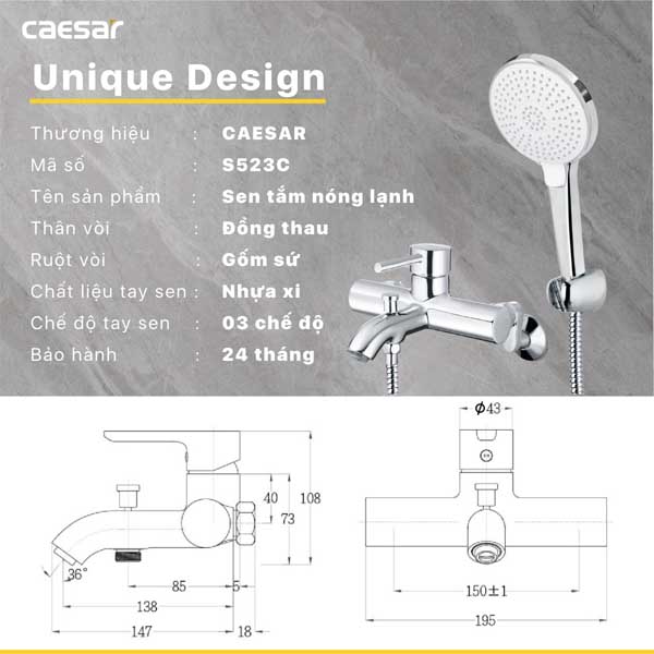 Vòi Sen Nóng Lạnh 3 Chế Độ Caesar S523C 5 Vòi Sen Nóng Lạnh 3 Chế Độ Caesar S523C