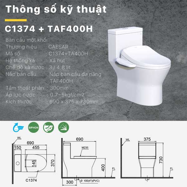 Bồn cầu kết hợp nắp điện tử Caesar C1374F+TAF400H
