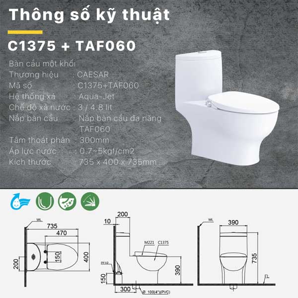 Bồn cầu kết hợp nắp cơ đa năng Caesar C1375F+TAF060