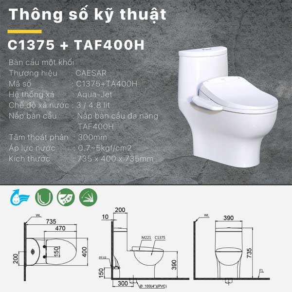 Bồn cầu kết hợp nắp điện tử Caesar C1375F+TAF400H