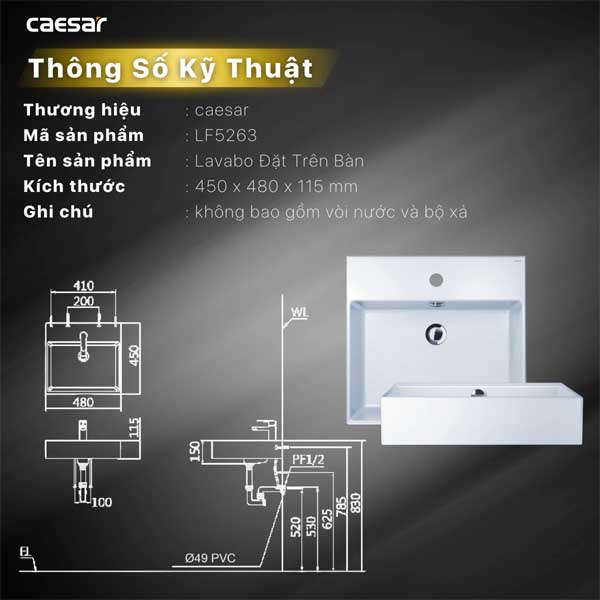 Chậu Rửa Lavabo Đặt Bàn Caesar LF5263