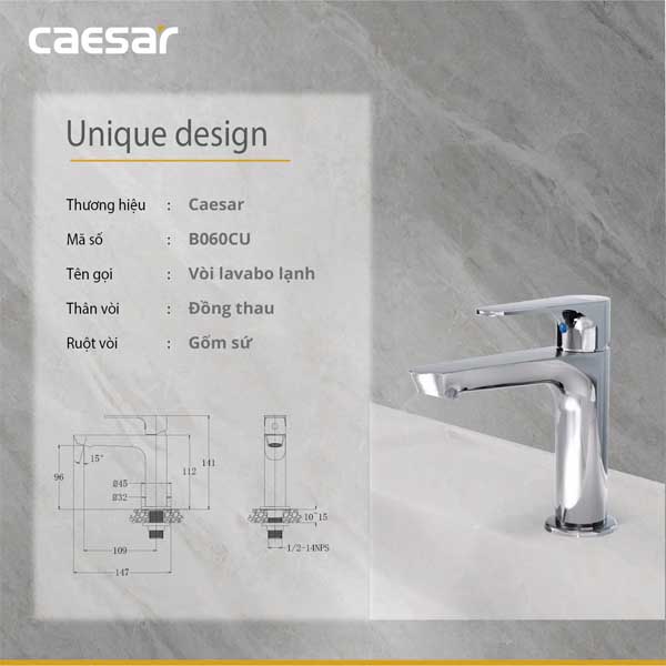 Vòi Lavabo Lạnh Caesar B060CU (bộ xả nhấn)
